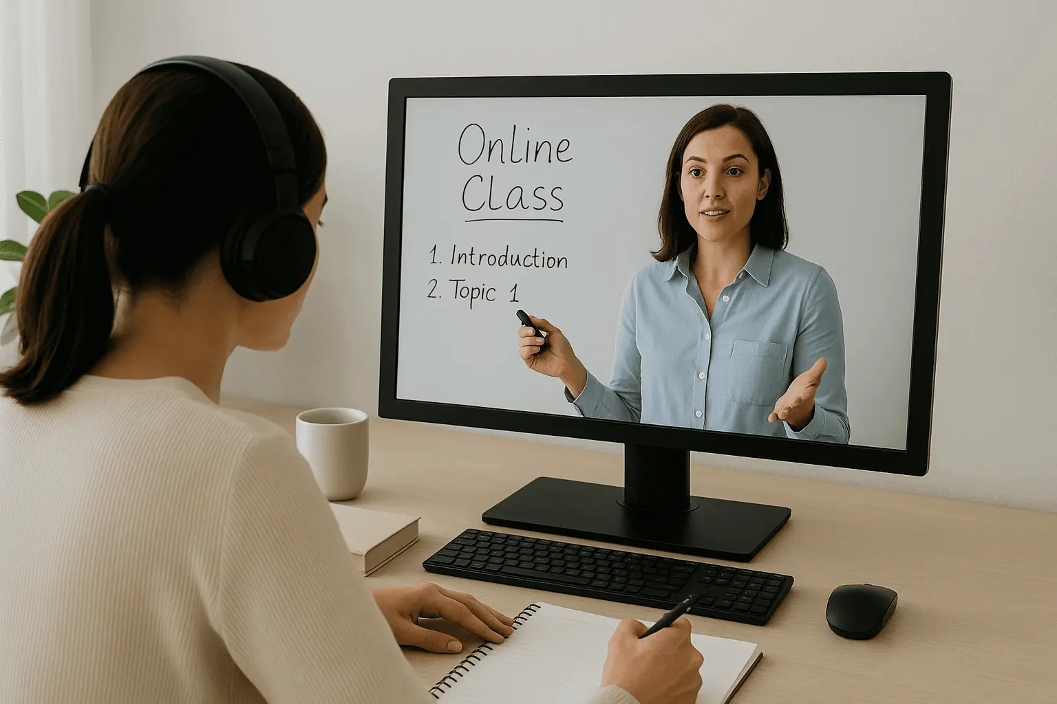 Eine Schülerin mit Kopfhörern verfolgt am Bildschirm eine Online-Unterrichtsstunde.